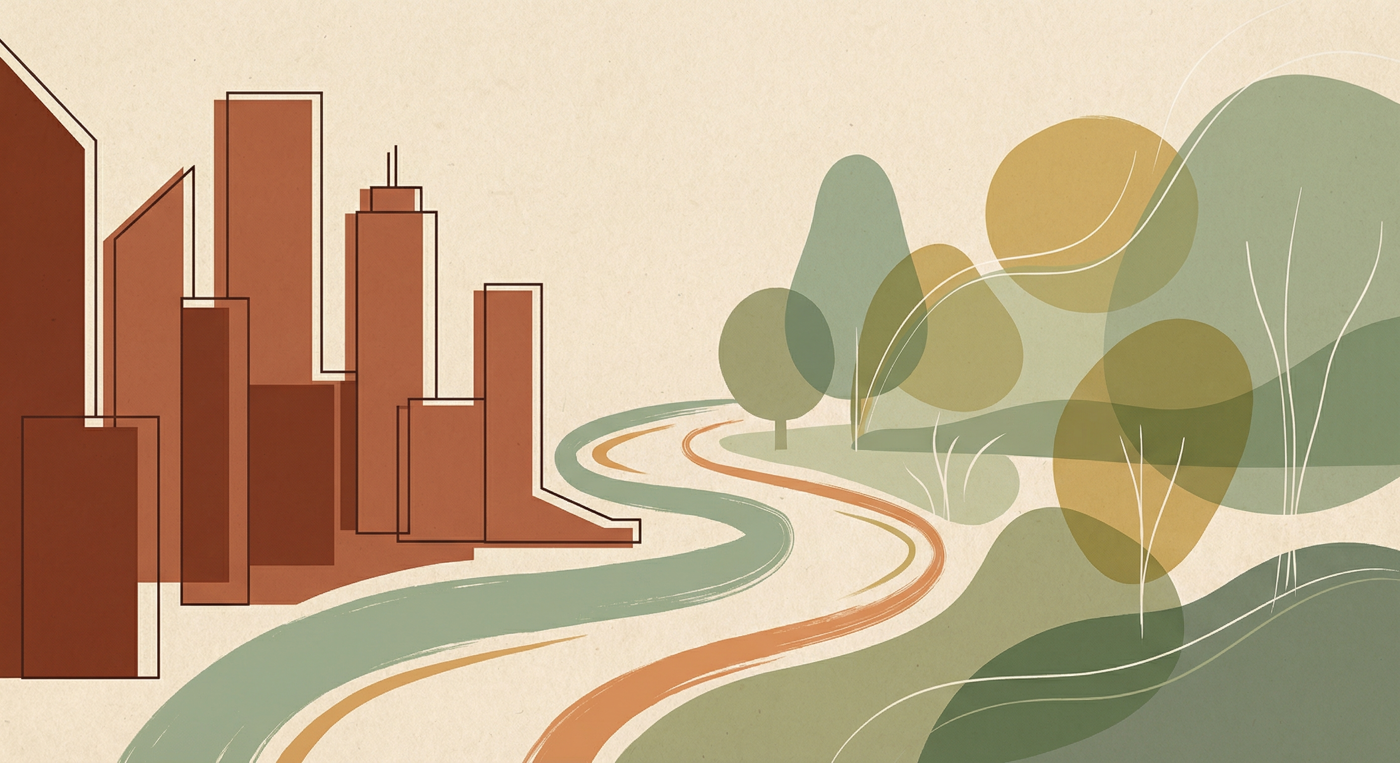 A winding path from corporate buildings to an open creative landscape